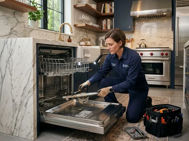 Appliance Repair Hero technician servicing a built-in dishwasher in a Bellingham, MA kitchen