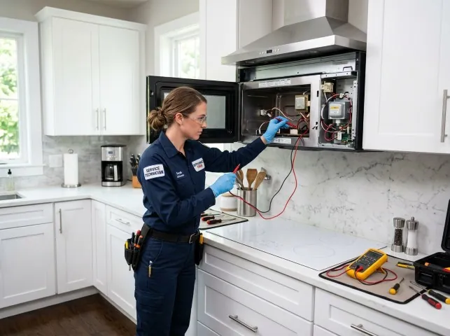 Appliance Repair Hero technician testing an over-the-range microwave in a Bellingham, MA kitchen
